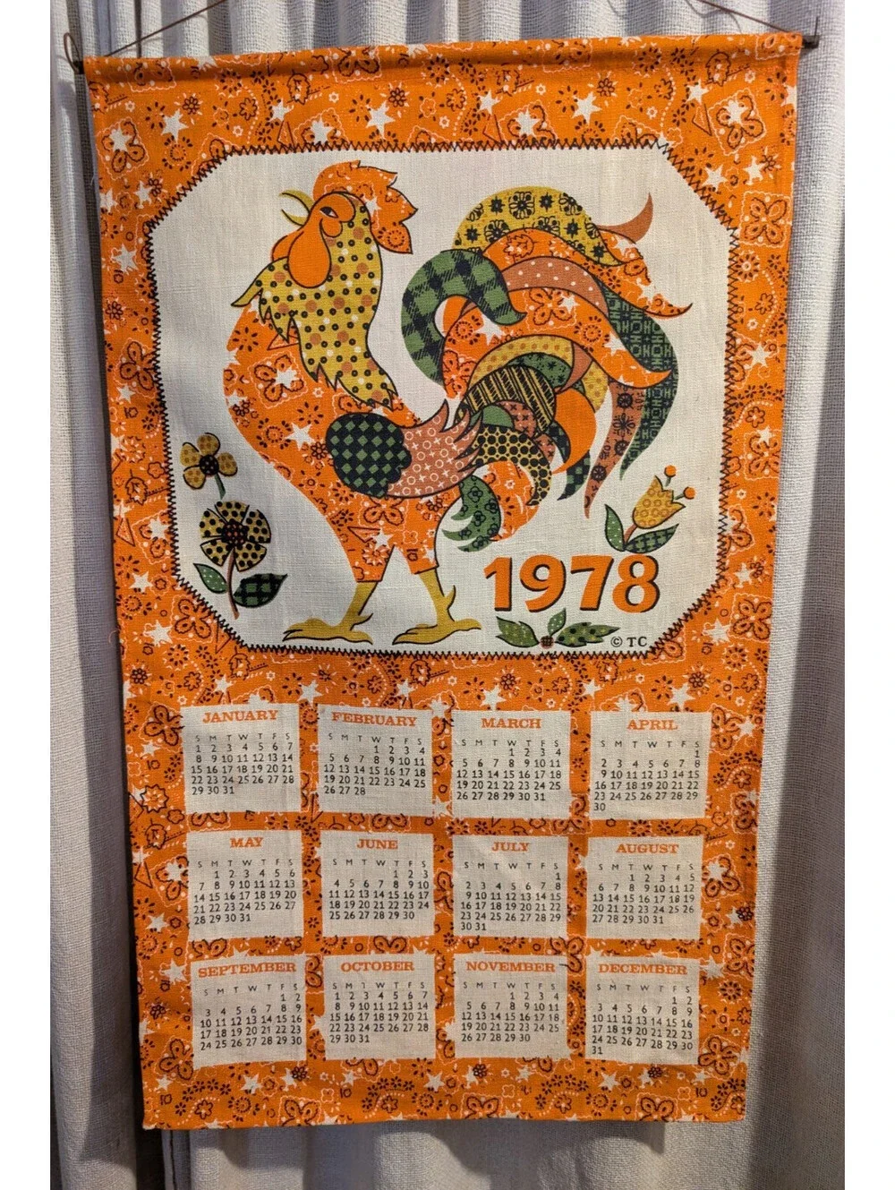 Vintage 1978 Rooster Motif Linen Wall Calendar Hanging Textile